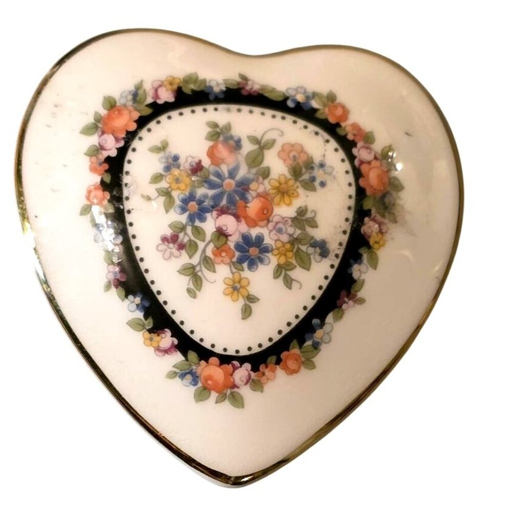 Vintage Trinket Box Wedgwood Osborne Bone China Heart Floral Design Gold Trim